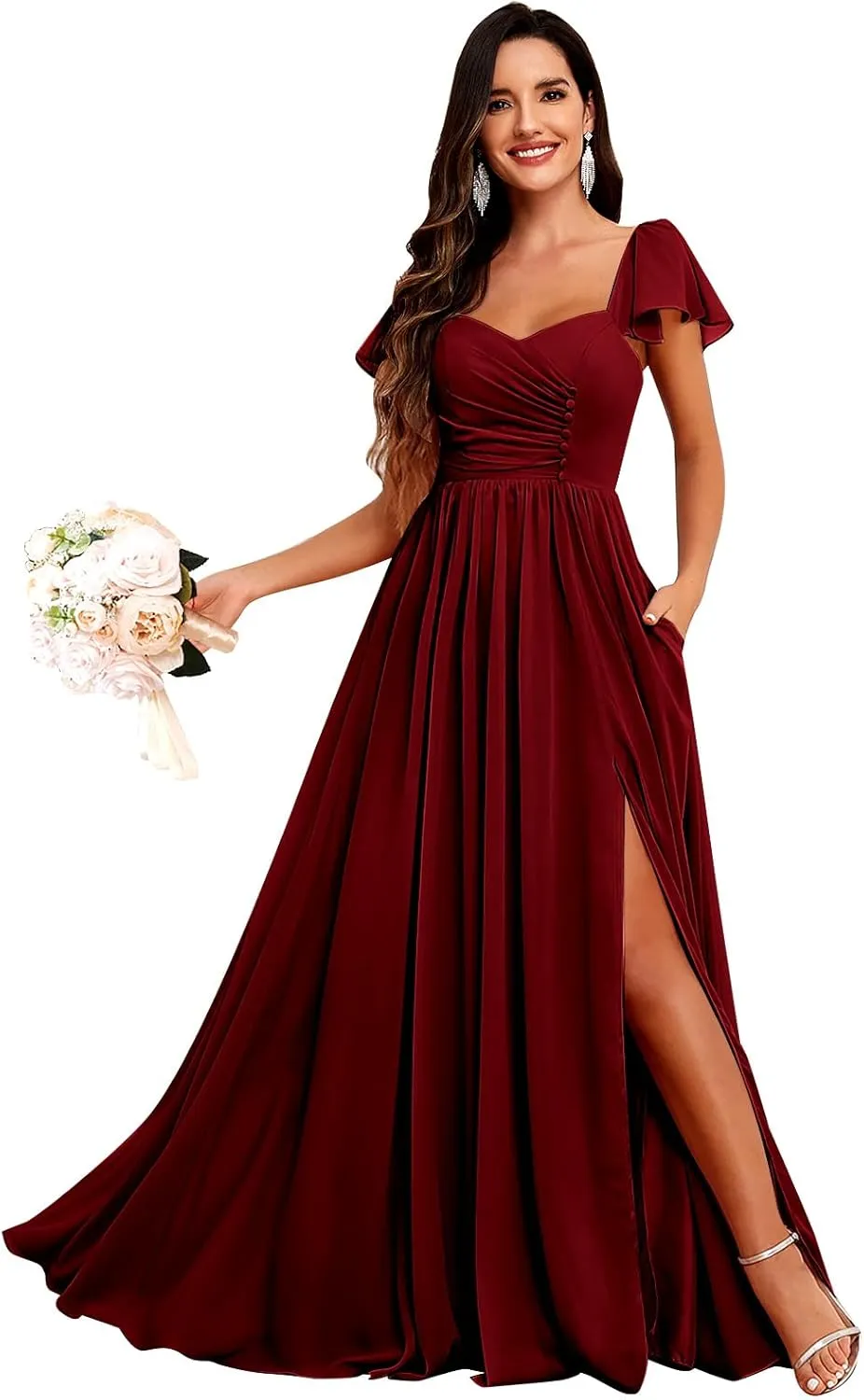Bridesmaid Dresses Long with Sleeves for Wedding A-Line Chiffon Pleated Formal Party Gown with Pockets