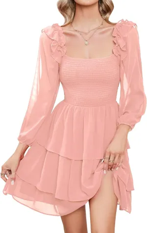 Byinns Women's Smocked Ruffle Mini Dress Square Neck Long Sleeve Party Dress Cute Cottagecore Wedding Guest Dress