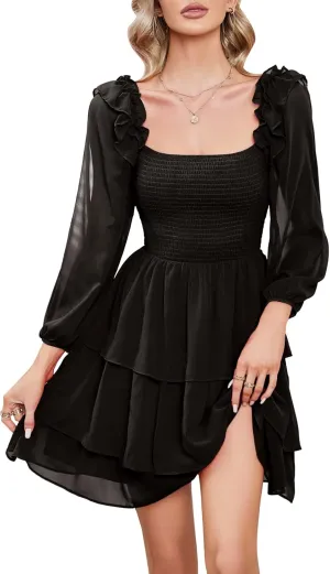 Byinns Women's Smocked Ruffle Mini Dress Square Neck Long Sleeve Party Dress Cute Cottagecore Wedding Guest Dress