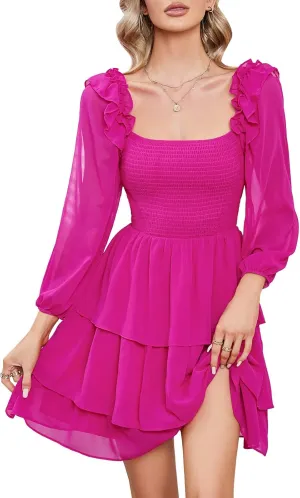Byinns Women's Smocked Ruffle Mini Dress Square Neck Long Sleeve Party Dress Cute Cottagecore Wedding Guest Dress