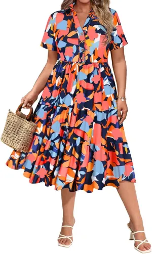 CARCOS Plus Size Dresses for Curvy Women Collared Vneck Short Sleeve Dresses Midi Summer Ruffle Dress with Pocket XL-5XL