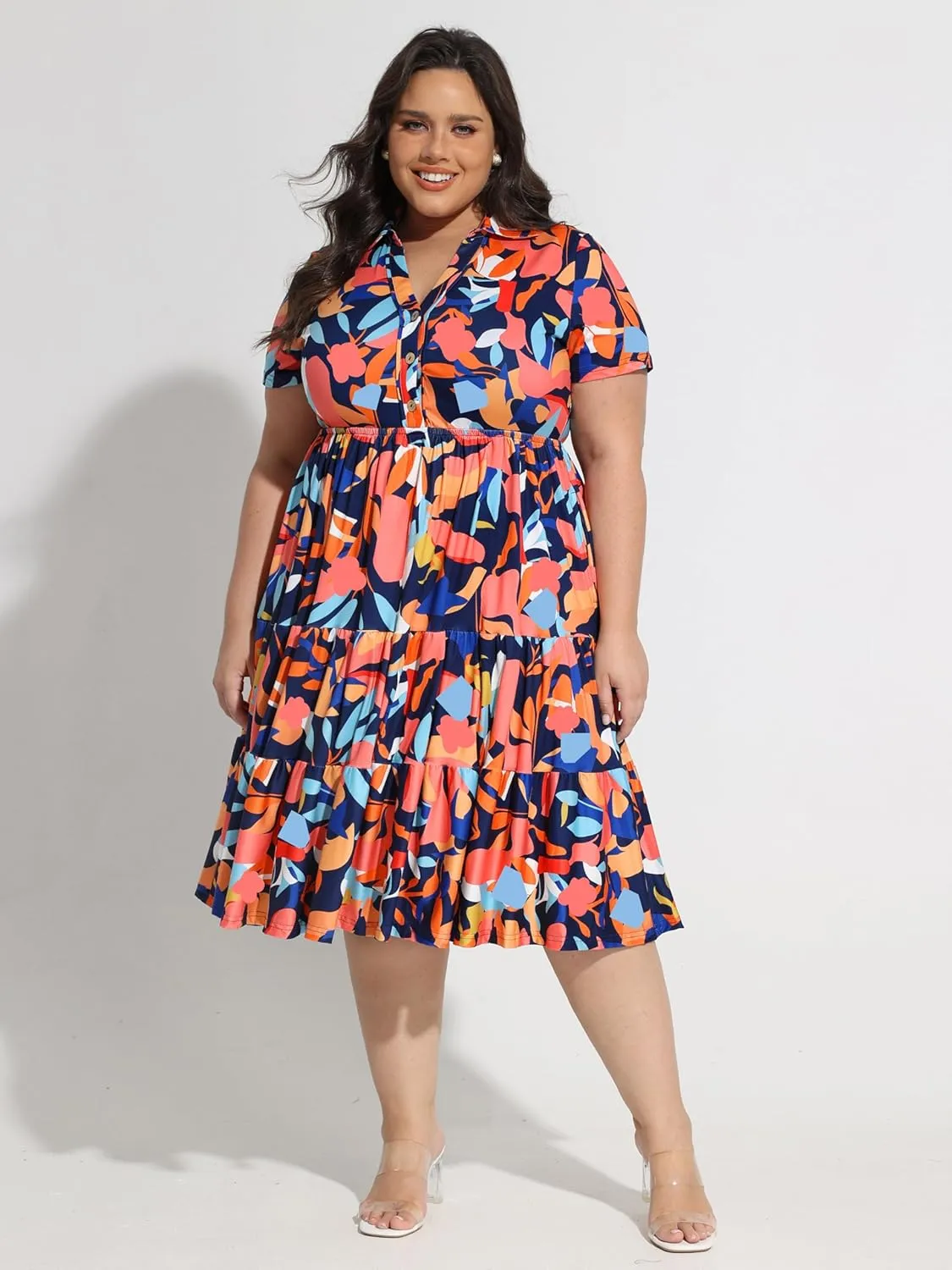 CARCOS Plus Size Dresses for Curvy Women Collared Vneck Short Sleeve Dresses Midi Summer Ruffle Dress with Pocket XL-5XL