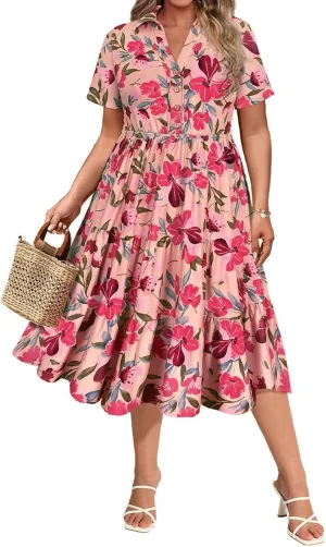 CARCOS Plus Size Dresses for Curvy Women Collared Vneck Short Sleeve Dresses Midi Summer Ruffle Dress with Pocket XL-5XL