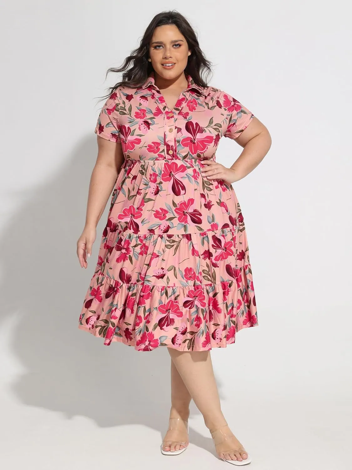 CARCOS Plus Size Dresses for Curvy Women Collared Vneck Short Sleeve Dresses Midi Summer Ruffle Dress with Pocket XL-5XL