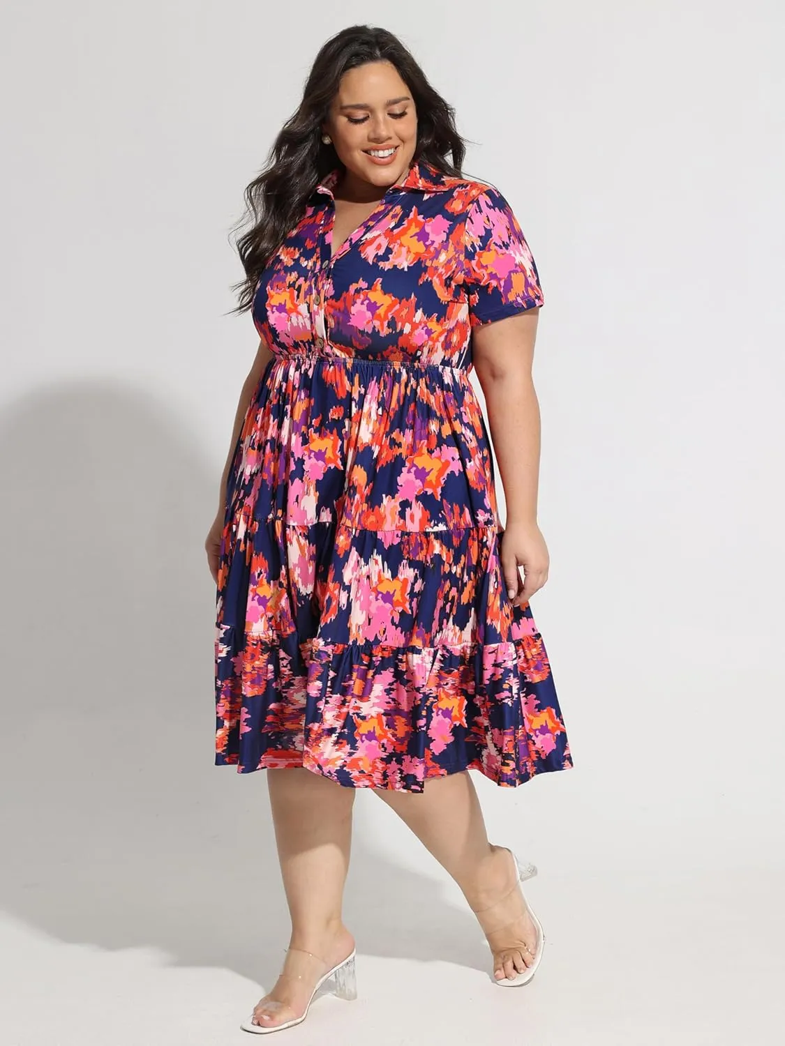 CARCOS Plus Size Dresses for Curvy Women Collared Vneck Short Sleeve Dresses Midi Summer Ruffle Dress with Pocket XL-5XL