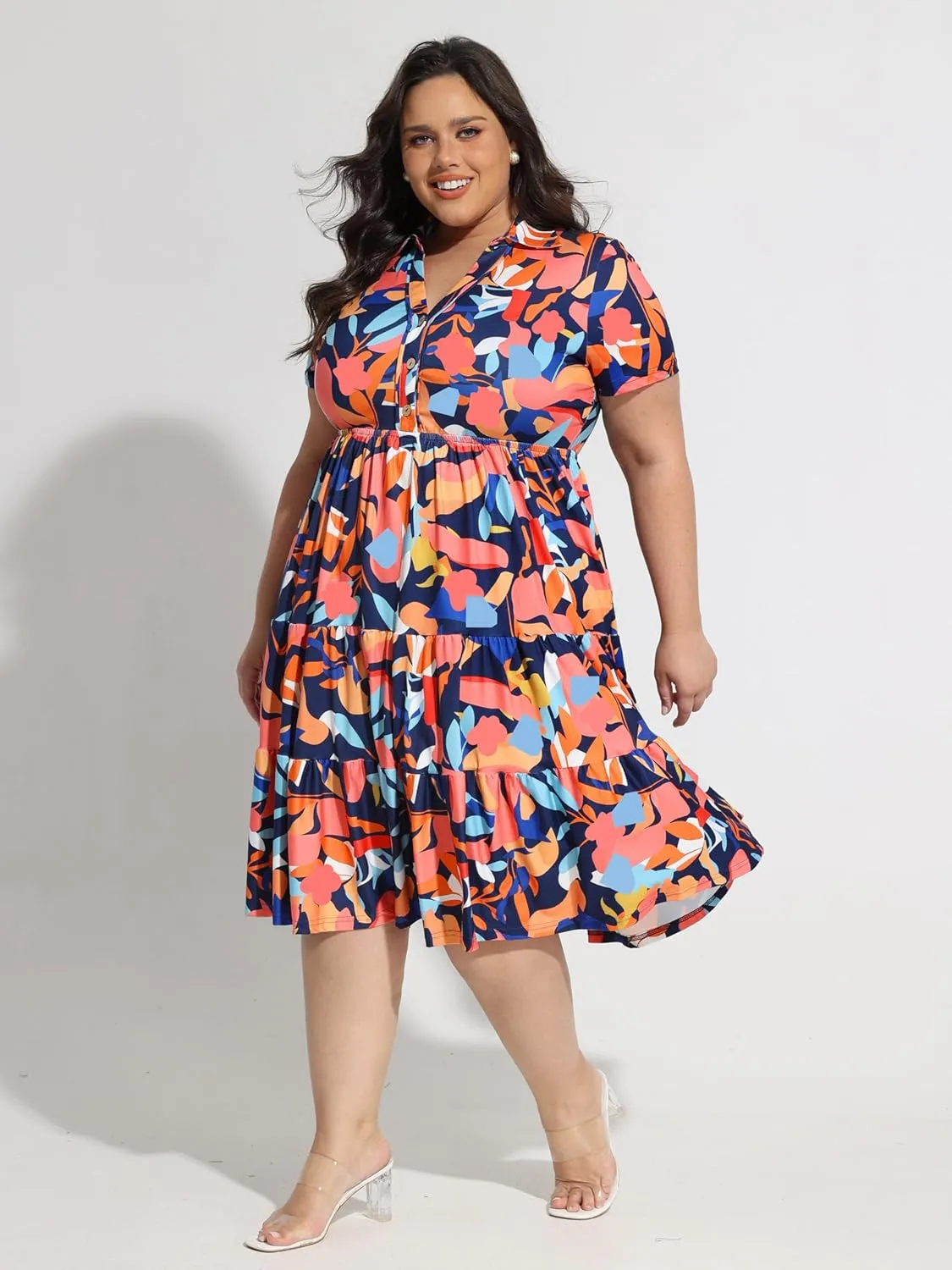 CARCOS Plus Size Dresses for Curvy Women Collared Vneck Short Sleeve Dresses Midi Summer Ruffle Dress with Pocket XL-5XL