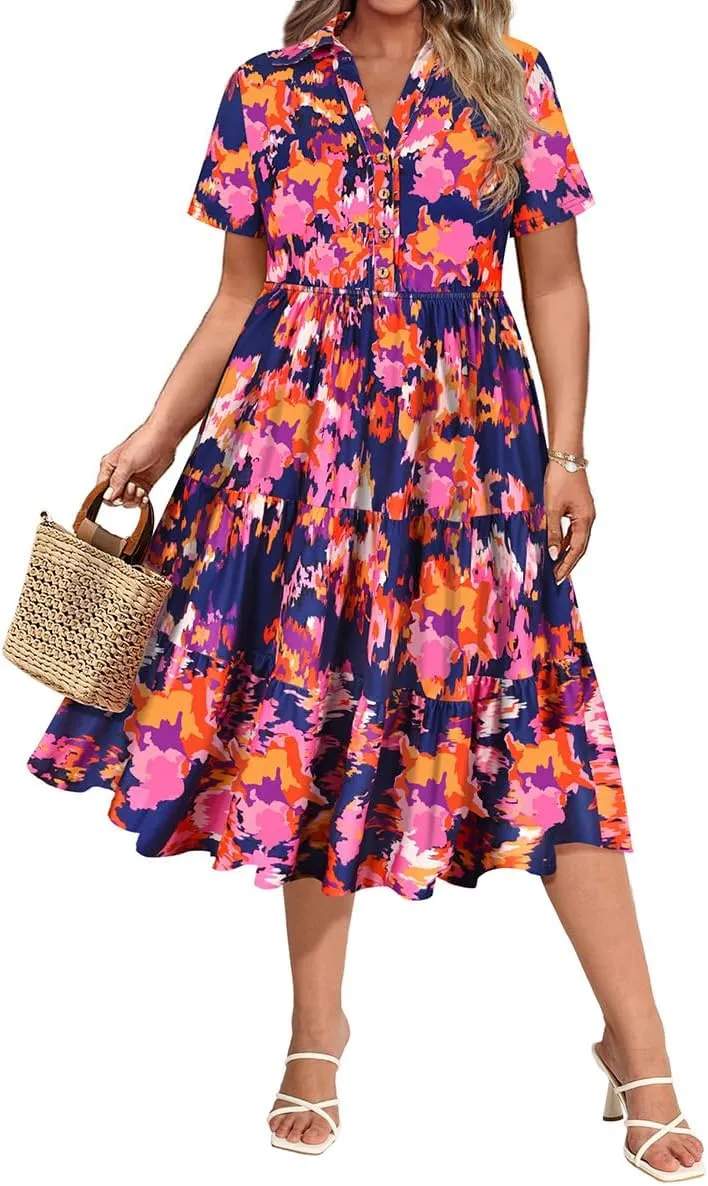 CARCOS Plus Size Dresses for Curvy Women Collared Vneck Short Sleeve Dresses Midi Summer Ruffle Dress with Pocket XL-5XL