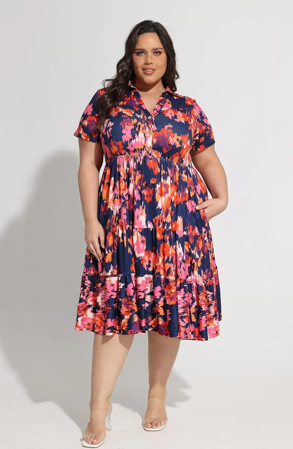 CARCOS Plus Size Dresses for Curvy Women Collared Vneck Short Sleeve Dresses Midi Summer Ruffle Dress with Pocket XL-5XL
