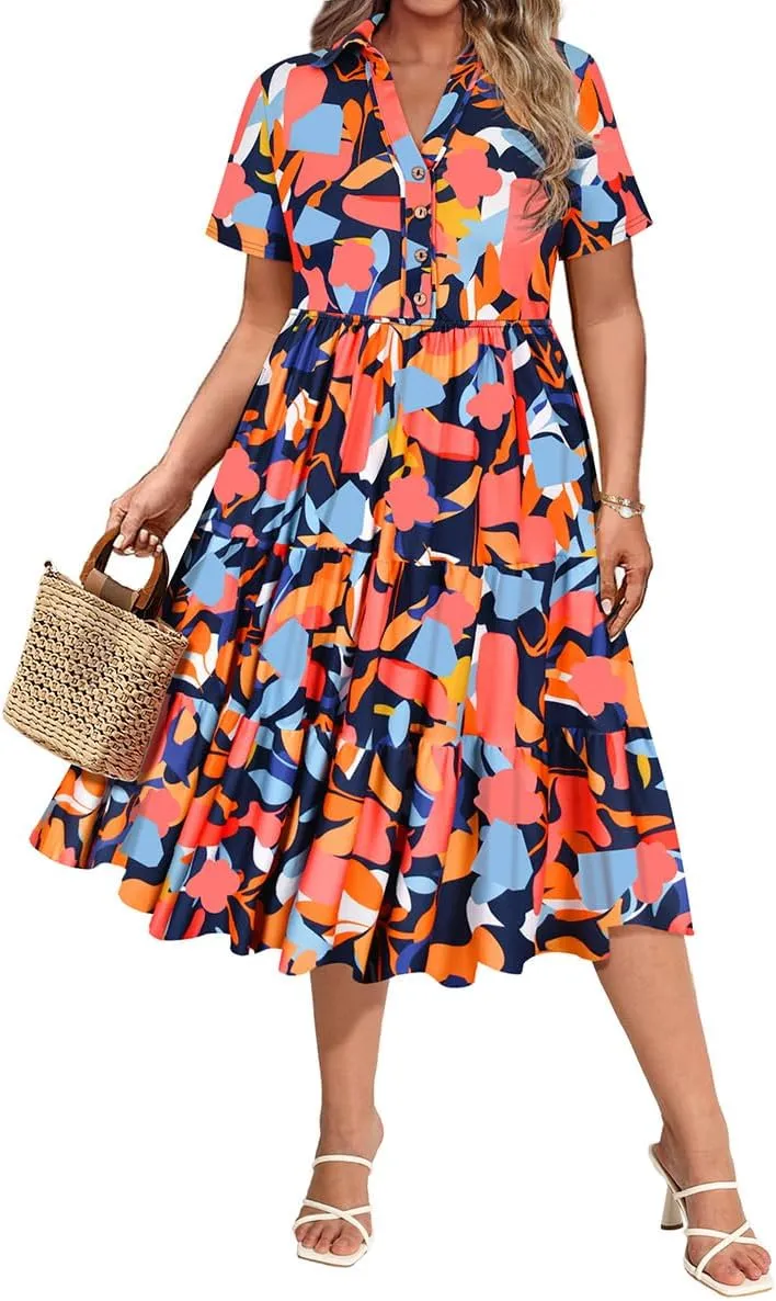 CARCOS Plus Size Dresses for Curvy Women Collared Vneck Short Sleeve Dresses Midi Summer Ruffle Dress with Pocket XL-5XL