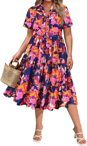 CARCOS Plus Size Dresses for Curvy Women Collared Vneck Short Sleeve Dresses Midi Summer Ruffle Dress with Pocket XL-5XL