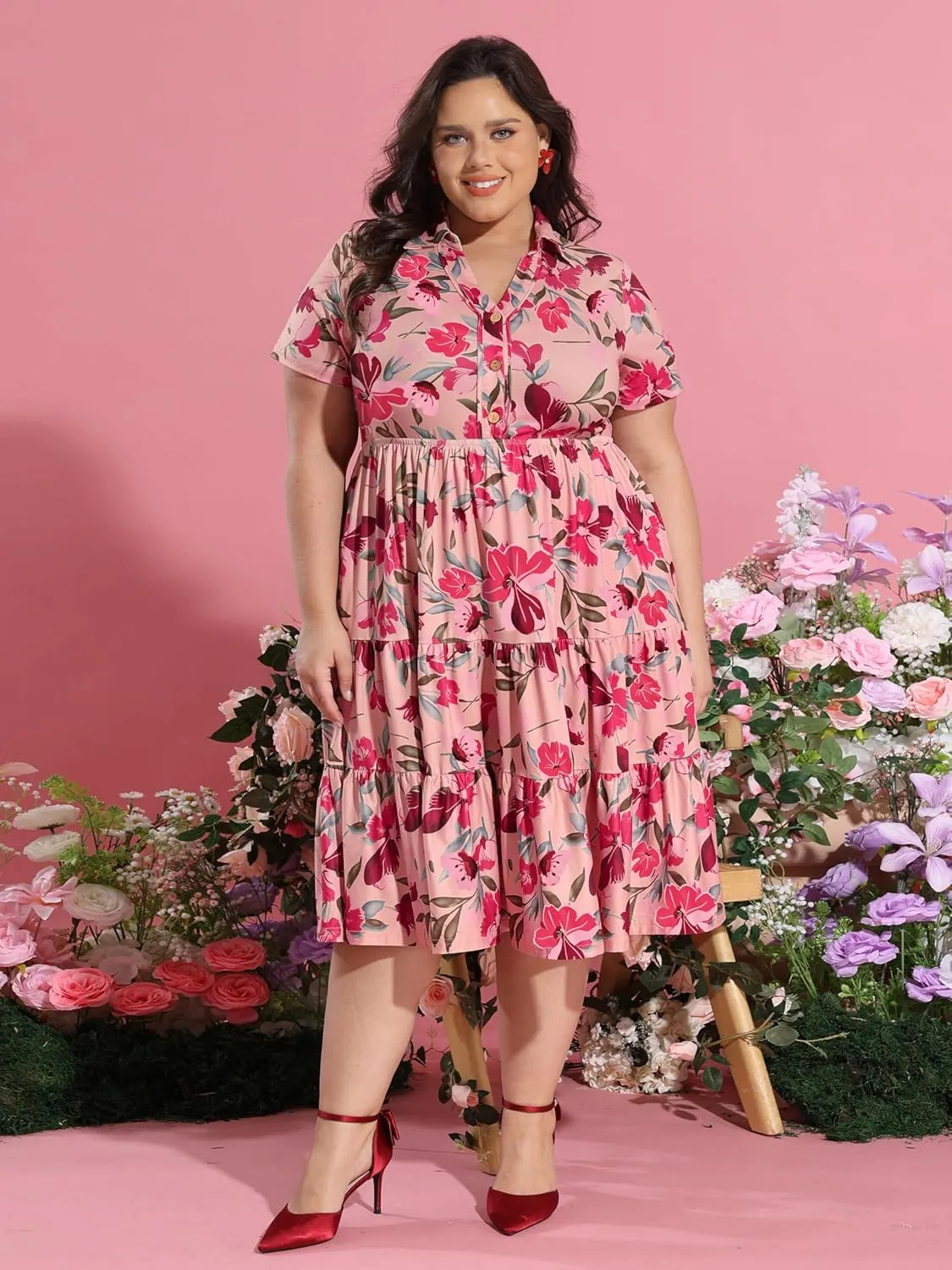 CARCOS Plus Size Dresses for Curvy Women Collared Vneck Short Sleeve Dresses Midi Summer Ruffle Dress with Pocket XL-5XL