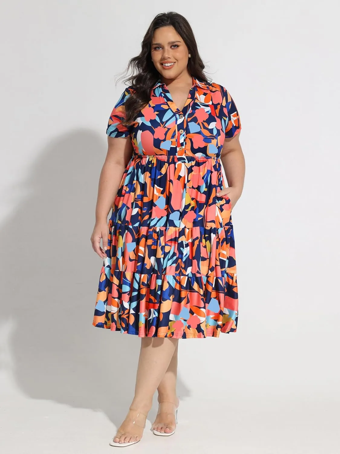 CARCOS Plus Size Dresses for Curvy Women Collared Vneck Short Sleeve Dresses Midi Summer Ruffle Dress with Pocket XL-5XL
