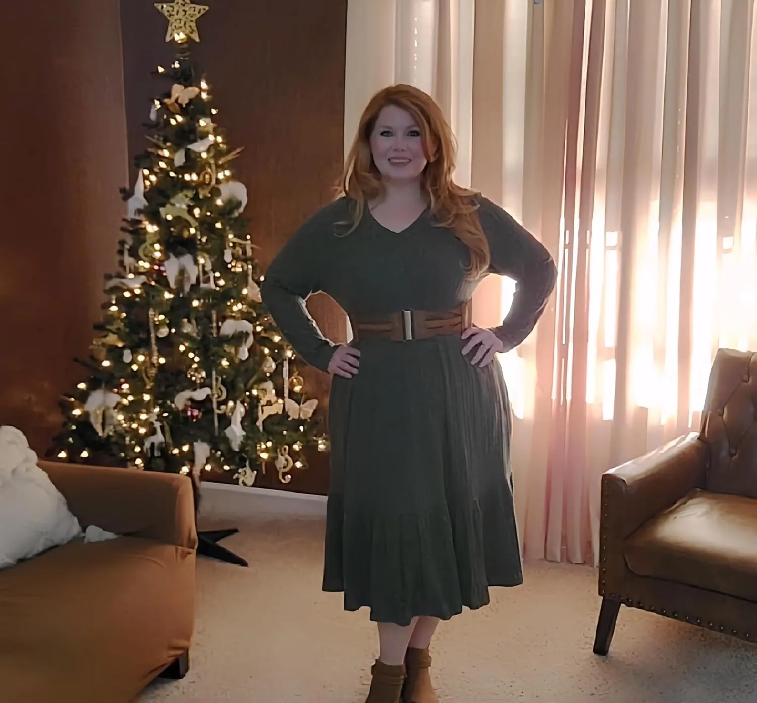 CARCOS Plus Size Dresses for Curvy Women Crew/Vneck Long Sleeve Dresses Ladies Knee Long Fall Winter Dress with Pocket XL-5XL