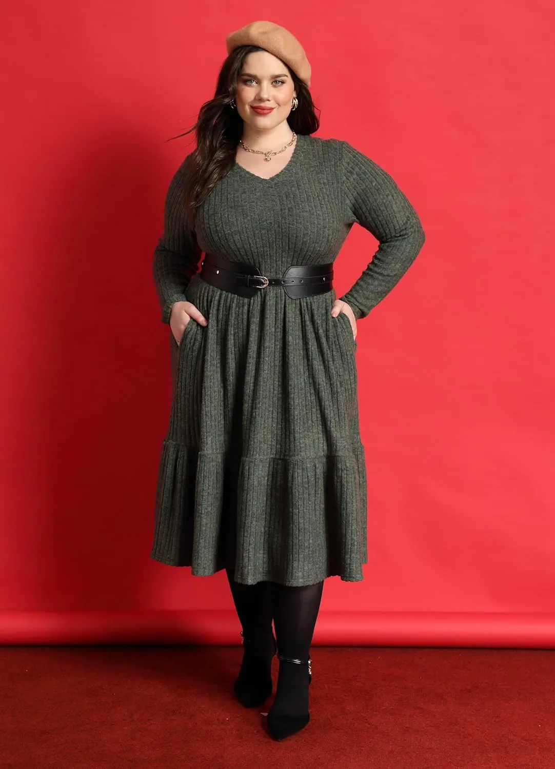 CARCOS Plus Size Dresses for Curvy Women Crew/Vneck Long Sleeve Dresses Ladies Knee Long Fall Winter Dress with Pocket XL-5XL