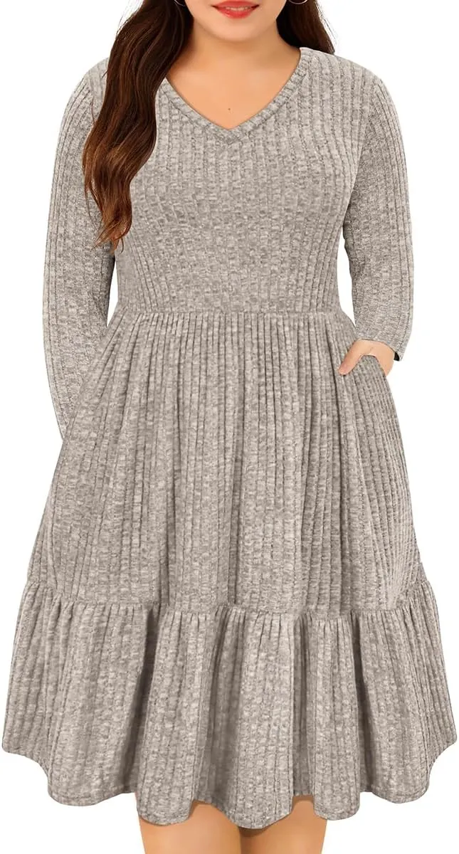 CARCOS Plus Size Dresses for Curvy Women Crew/Vneck Long Sleeve Dresses Ladies Knee Long Fall Winter Dress with Pocket XL-5XL