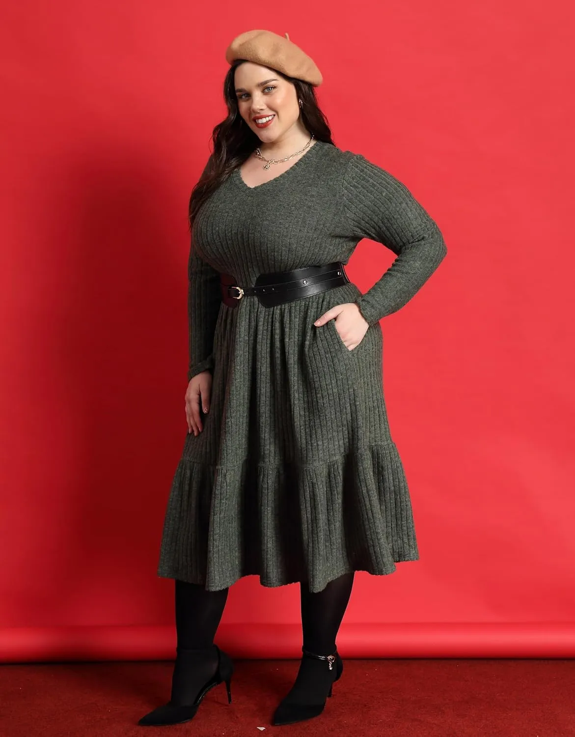 CARCOS Plus Size Dresses for Curvy Women Crew/Vneck Long Sleeve Dresses Ladies Knee Long Fall Winter Dress with Pocket XL-5XL