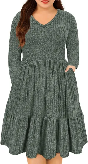 CARCOS Plus Size Dresses for Curvy Women Crew/Vneck Long Sleeve Dresses Ladies Knee Long Fall Winter Dress with Pocket XL-5XL