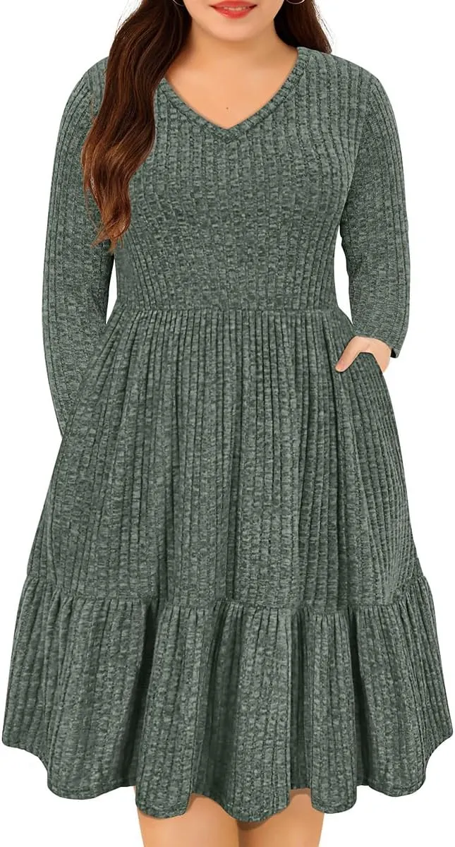 CARCOS Plus Size Dresses for Curvy Women Crew/Vneck Long Sleeve Dresses Ladies Knee Long Fall Winter Dress with Pocket XL-5XL