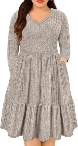 CARCOS Plus Size Dresses for Curvy Women Crew/Vneck Long Sleeve Dresses Ladies Knee Long Fall Winter Dress with Pocket XL-5XL