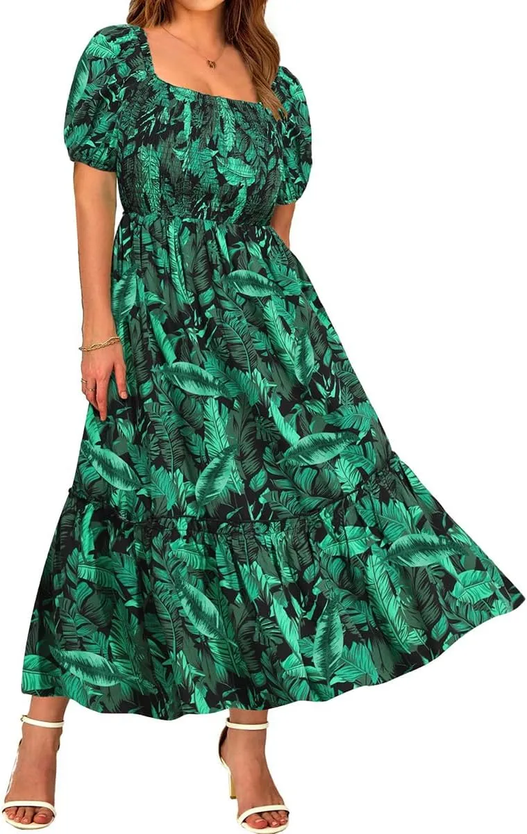 CARCOS Plus Size Dresses for Curvy Women Off Shoulder Square Neck Puff Sleeve Smocked Maxi Summer Dresses with Pocket XL-5XL