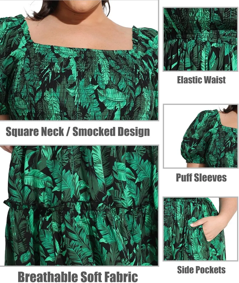 CARCOS Plus Size Dresses for Curvy Women Off Shoulder Square Neck Puff Sleeve Smocked Maxi Summer Dresses with Pocket XL-5XL