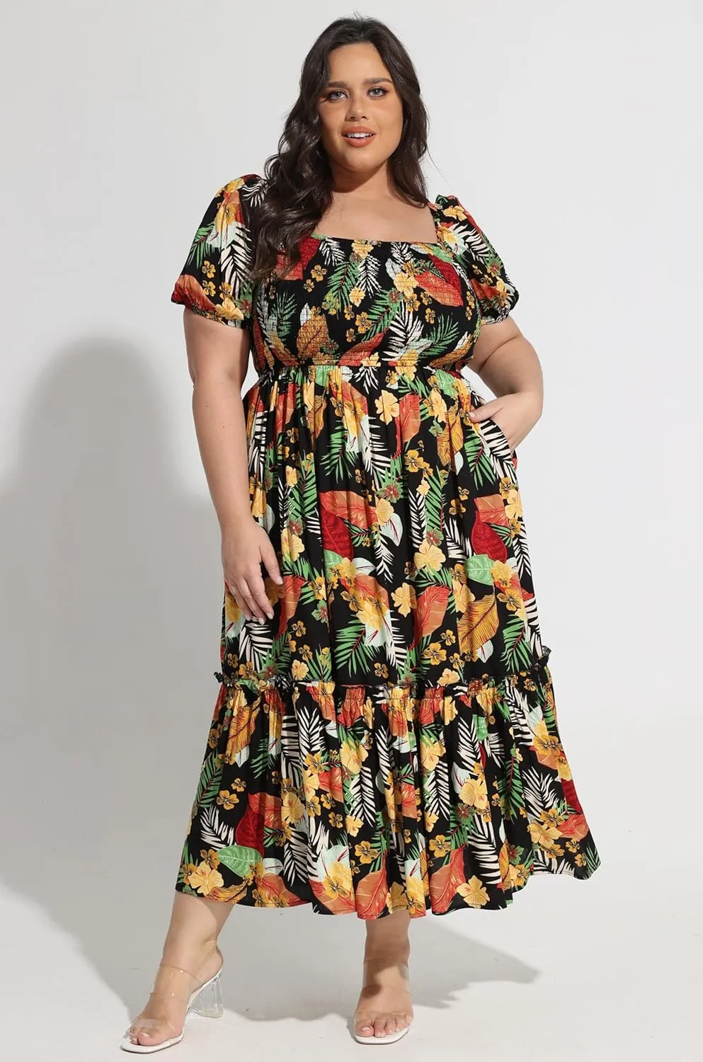CARCOS Plus Size Dresses for Curvy Women Off Shoulder Square Neck Puff Sleeve Smocked Maxi Summer Dresses with Pocket XL-5XL