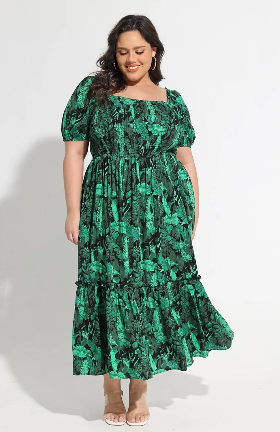 CARCOS Plus Size Dresses for Curvy Women Off Shoulder Square Neck Puff Sleeve Smocked Maxi Summer Dresses with Pocket XL-5XL