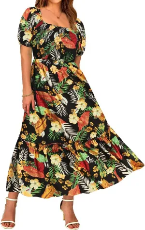 CARCOS Plus Size Dresses for Curvy Women Off Shoulder Square Neck Puff Sleeve Smocked Maxi Summer Dresses with Pocket XL-5XL