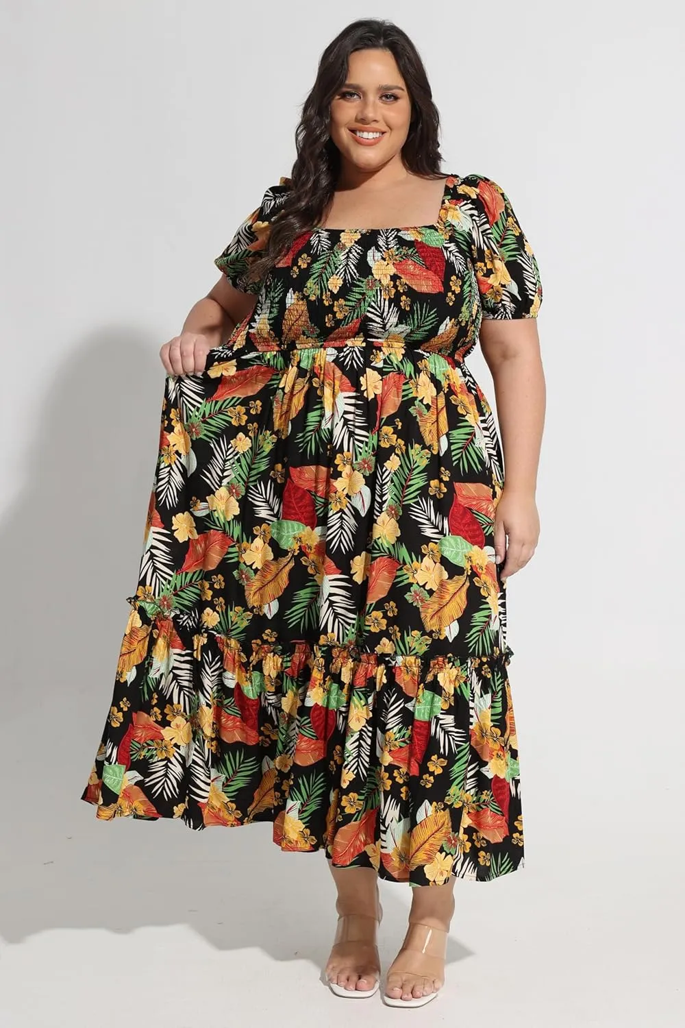CARCOS Plus Size Dresses for Curvy Women Off Shoulder Square Neck Puff Sleeve Smocked Maxi Summer Dresses with Pocket XL-5XL