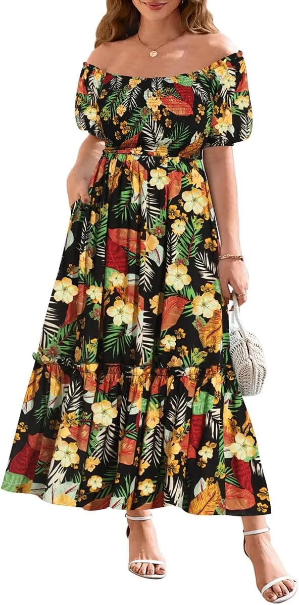 CARCOS Plus Size Dresses for Curvy Women Off Shoulder Square Neck Puff Sleeve Smocked Maxi Summer Dresses with Pocket XL-5XL