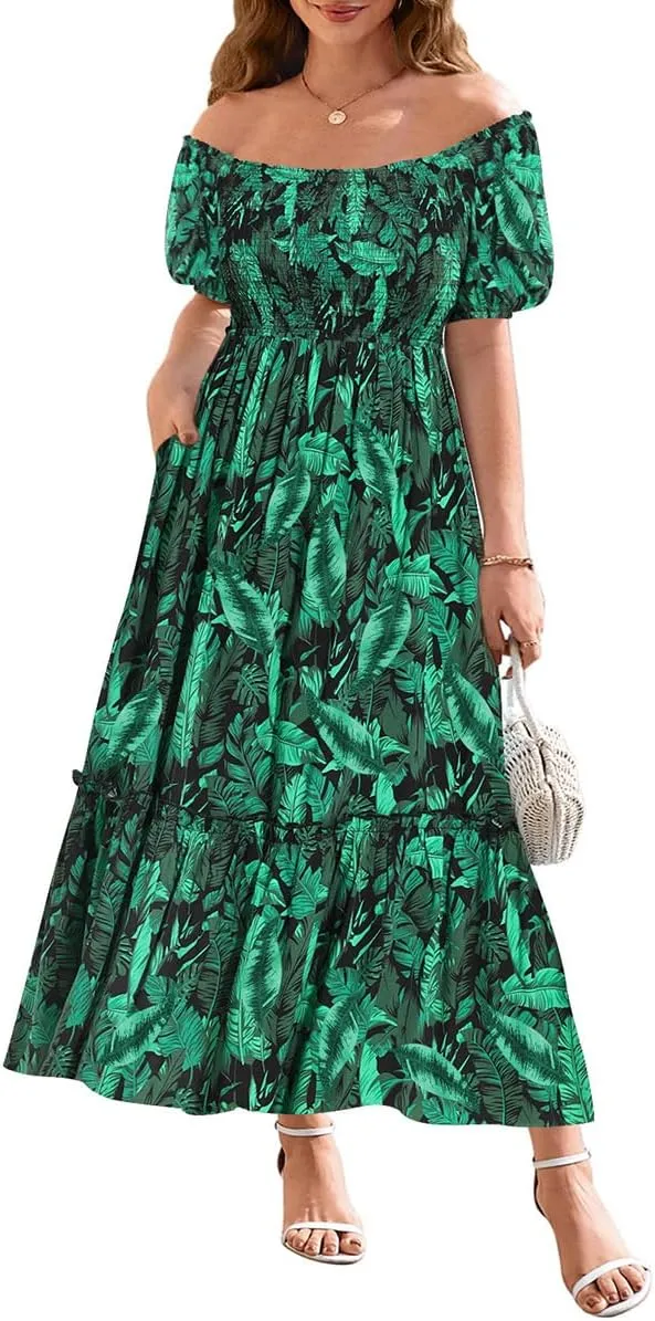 CARCOS Plus Size Dresses for Curvy Women Off Shoulder Square Neck Puff Sleeve Smocked Maxi Summer Dresses with Pocket XL-5XL
