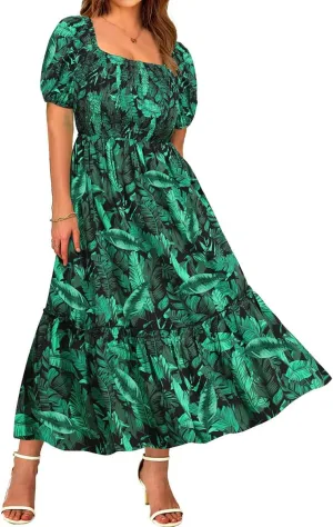 CARCOS Plus Size Dresses for Curvy Women Off Shoulder Square Neck Puff Sleeve Smocked Maxi Summer Dresses with Pocket XL-5XL