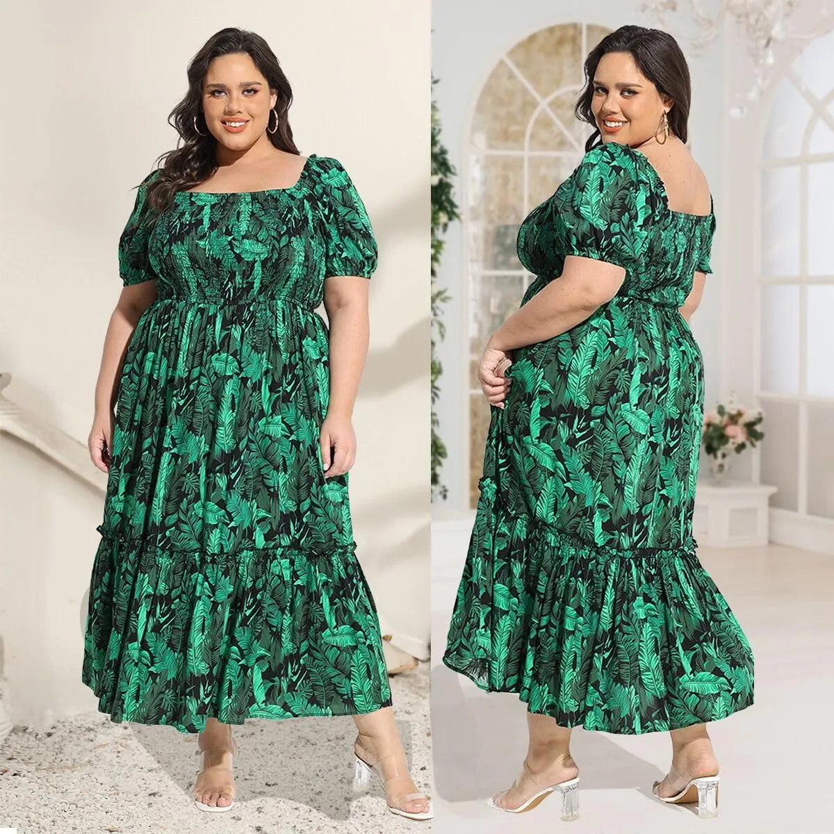 CARCOS Plus Size Dresses for Curvy Women Off Shoulder Square Neck Puff Sleeve Smocked Maxi Summer Dresses with Pocket XL-5XL