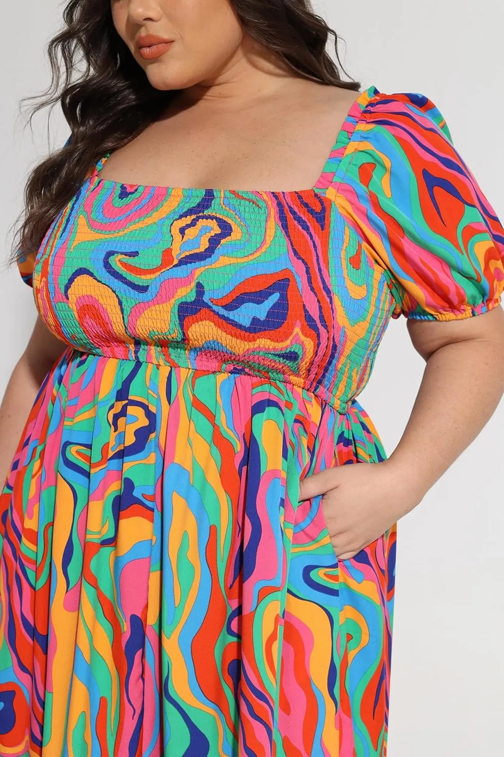 CARCOS Plus Size Dresses for Curvy Women Off Shoulder Square Neck Puff Sleeve Smocked Maxi Summer Dresses with Pocket XL-5XL