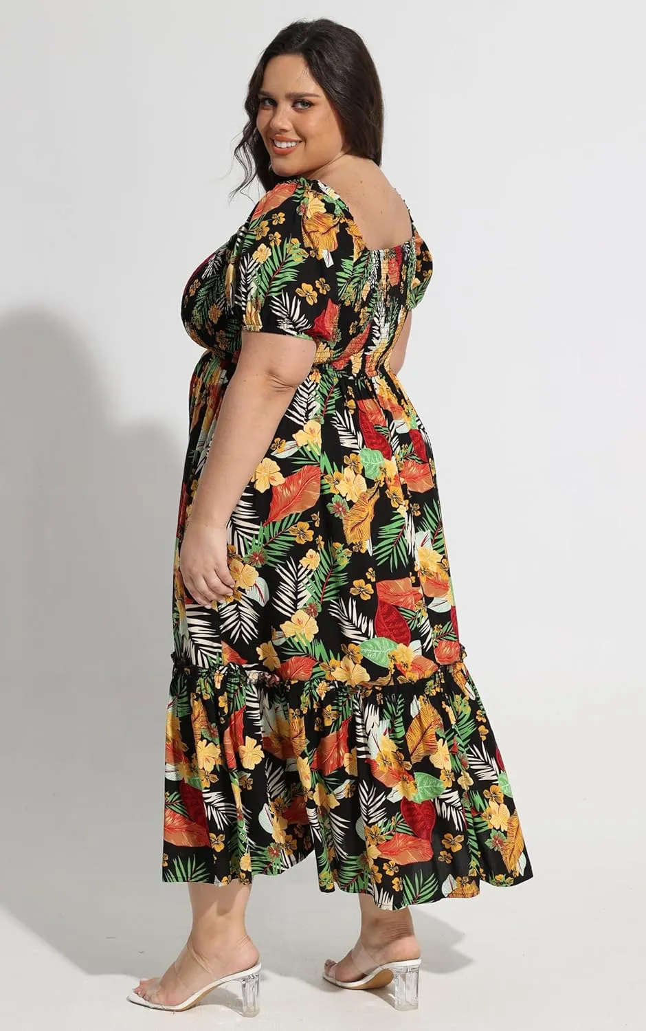 CARCOS Plus Size Dresses for Curvy Women Off Shoulder Square Neck Puff Sleeve Smocked Maxi Summer Dresses with Pocket XL-5XL