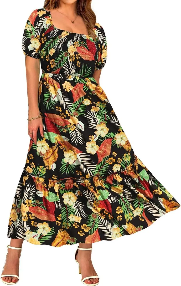 CARCOS Plus Size Dresses for Curvy Women Off Shoulder Square Neck Puff Sleeve Smocked Maxi Summer Dresses with Pocket XL-5XL
