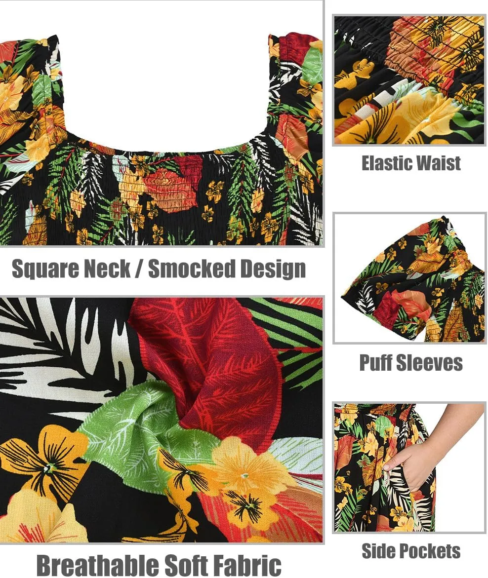 CARCOS Plus Size Dresses for Curvy Women Off Shoulder Square Neck Puff Sleeve Smocked Maxi Summer Dresses with Pocket XL-5XL