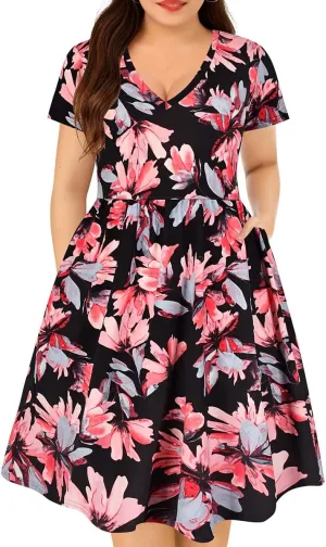 CARCOS Plus Size Dresses for Curvy Women V Neck Short Sleeve Dresses Floral/Striped Summer Boho Dresses with Pocket XL-5XL