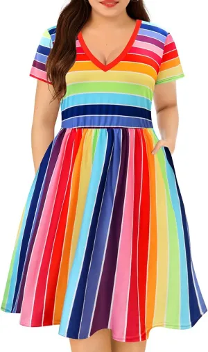CARCOS Plus Size Dresses for Curvy Women V Neck Short Sleeve Dresses Floral/Striped Summer Boho Dresses with Pocket XL-5XL