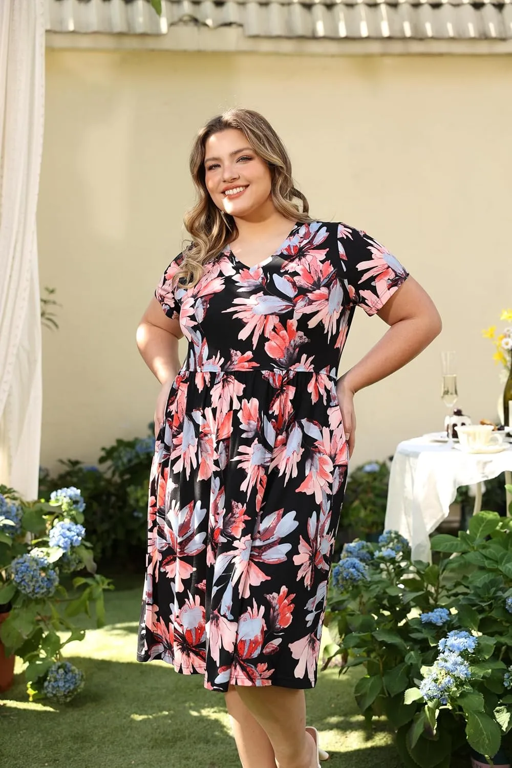 CARCOS Plus Size Dresses for Curvy Women V Neck Short Sleeve Dresses Floral/Striped Summer Boho Dresses with Pocket XL-5XL