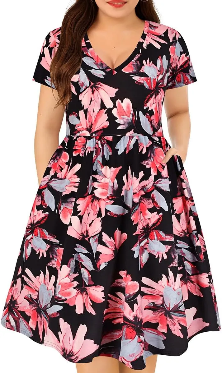 CARCOS Plus Size Dresses for Curvy Women V Neck Short Sleeve Dresses Floral/Striped Summer Boho Dresses with Pocket XL-5XL