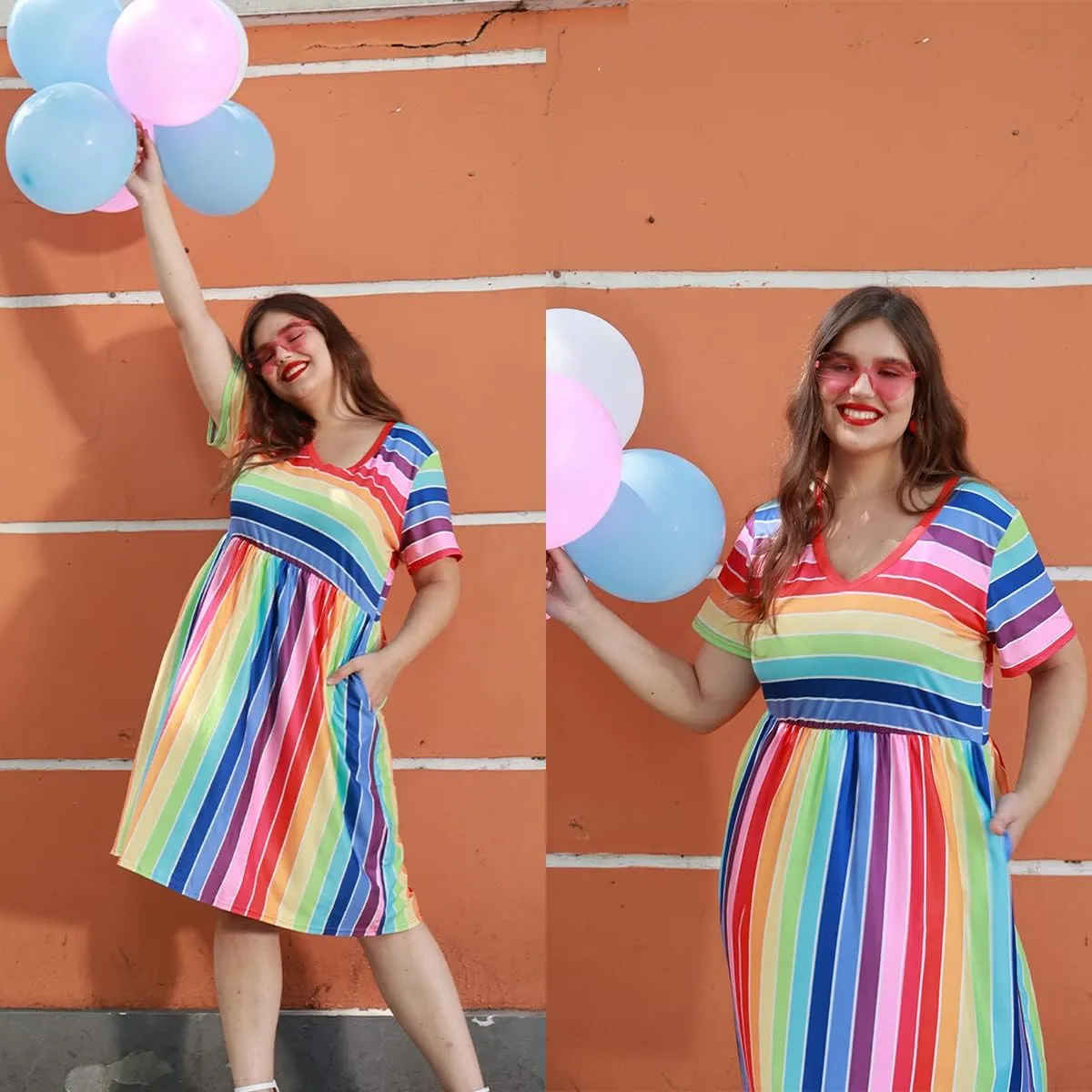 CARCOS Plus Size Dresses for Curvy Women V Neck Short Sleeve Dresses Floral/Striped Summer Boho Dresses with Pocket XL-5XL
