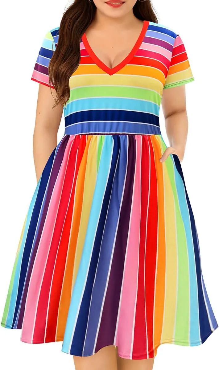 CARCOS Plus Size Dresses for Curvy Women V Neck Short Sleeve Dresses Floral/Striped Summer Boho Dresses with Pocket XL-5XL