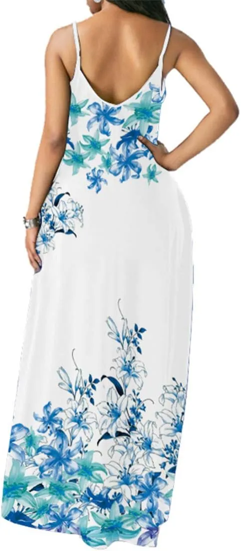 Chaos World Women's Maxi Dress V-Neck Strappy 3D Print Loose Summer Casual Dress