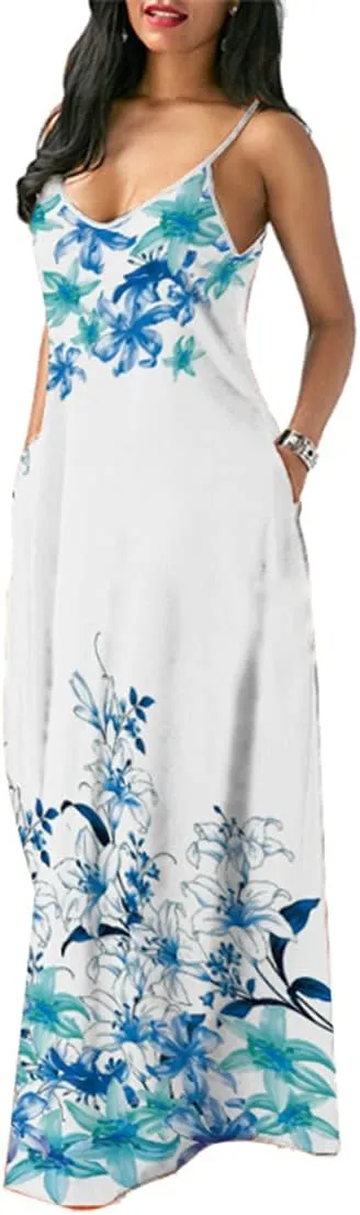 Chaos World Women's Maxi Dress V-Neck Strappy 3D Print Loose Summer Casual Dress
