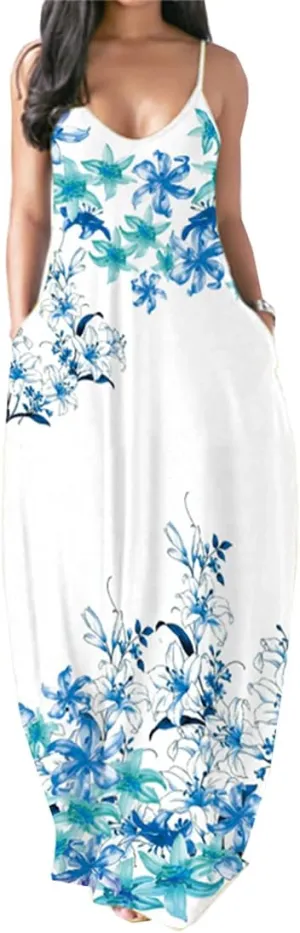 Chaos World Women's Maxi Dress V-Neck Strappy 3D Print Loose Summer Casual Dress