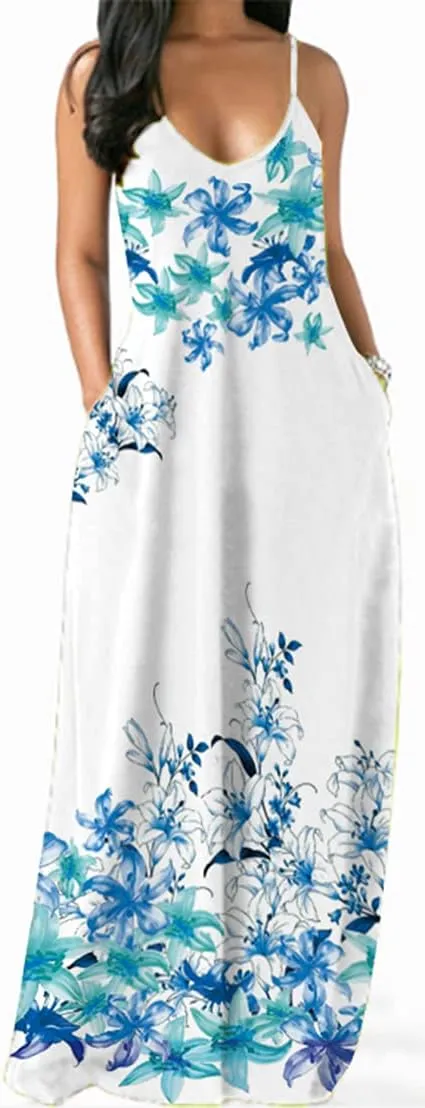 Chaos World Women's Maxi Dress V-Neck Strappy 3D Print Loose Summer Casual Dress