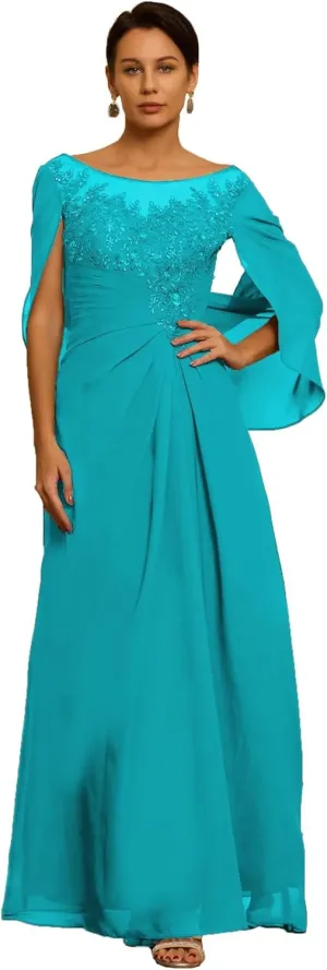 Chiffon Cape Mother of The Bride Dresses for Wedding Laces Appliques Scoop Formal Dresses Evening Gowns