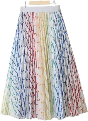 Colorful Dots Striped Summer Midi Long Pleated Skirt Women Korean Style Mid-Length High Waist A Line Skirt Female
