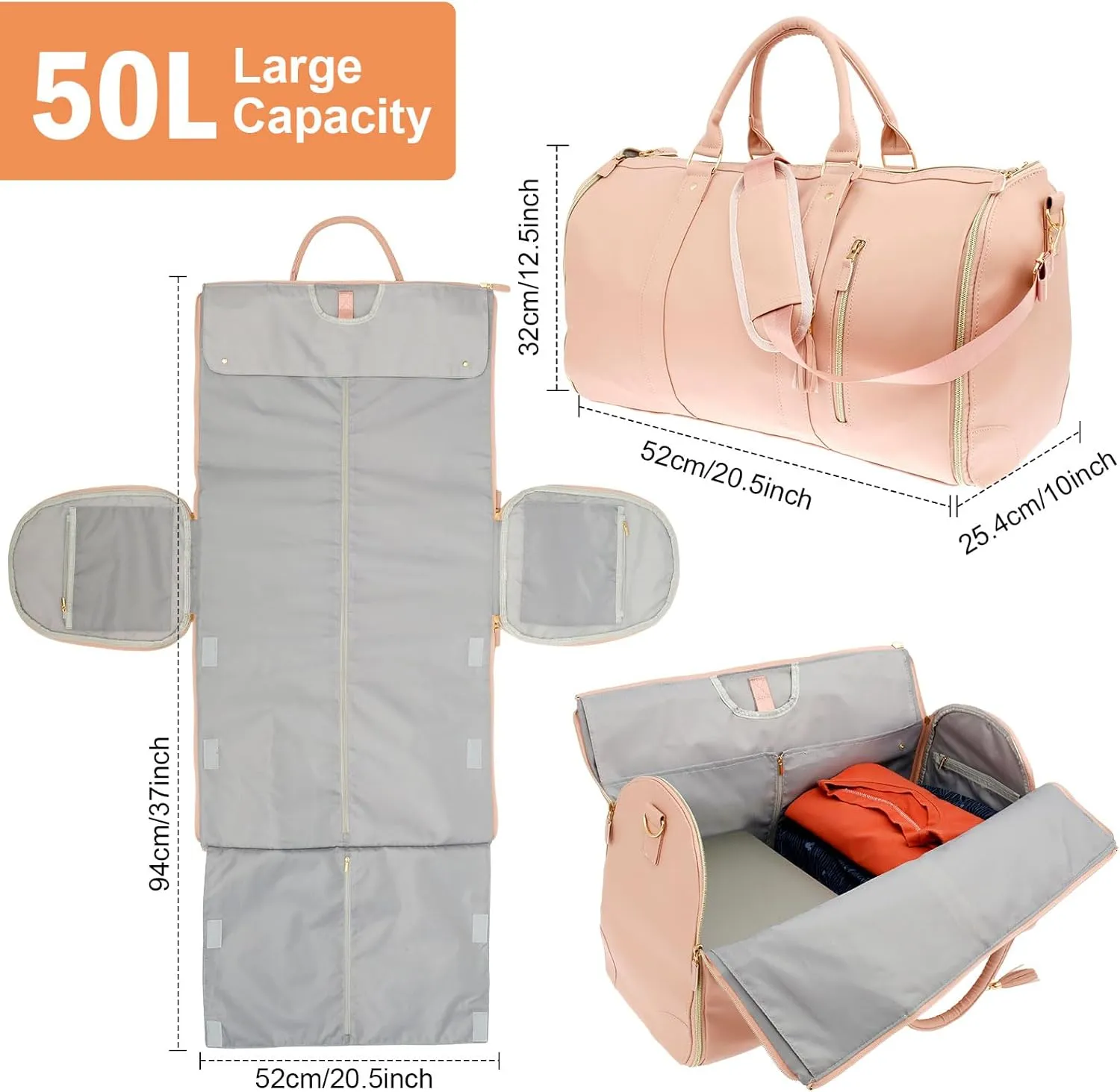 Convertible Duffel Garment Bag,Garment Duffle Bags for Travel,Weekender Bag with Shoe Pouch,Large Carry on Garment Bag for Women,2 in 1 Hanging Suitcase Suit (Pink)